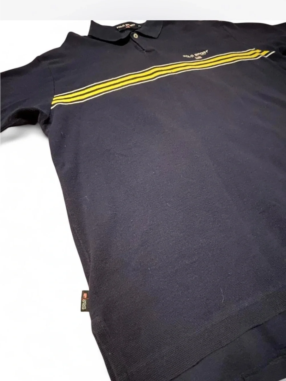 Vintage 90s Polo Sport Ralph Lauren Striped Polo Shirt Navy Blue Yellow XL